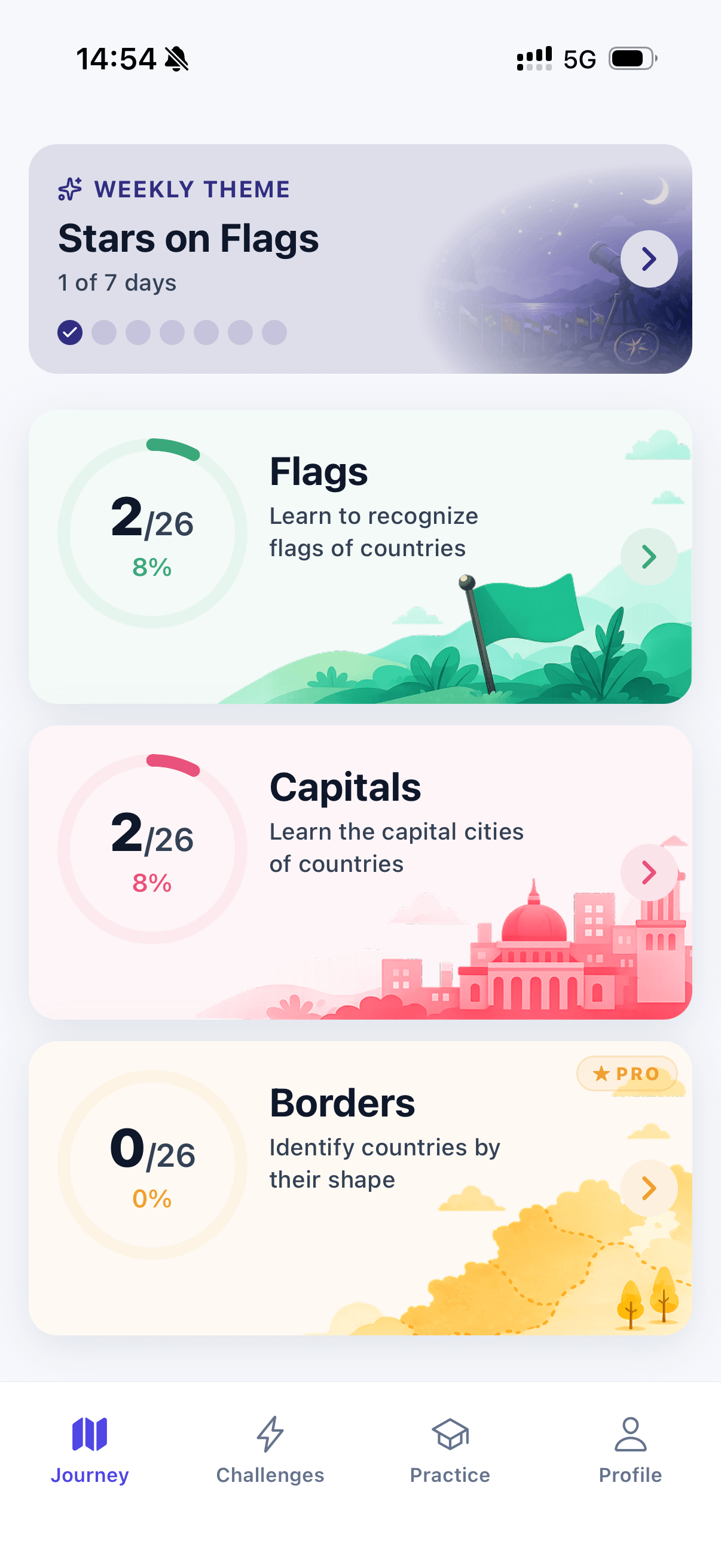 GeoQuiz Journey screen with Daily Challenge and Weekly Theme